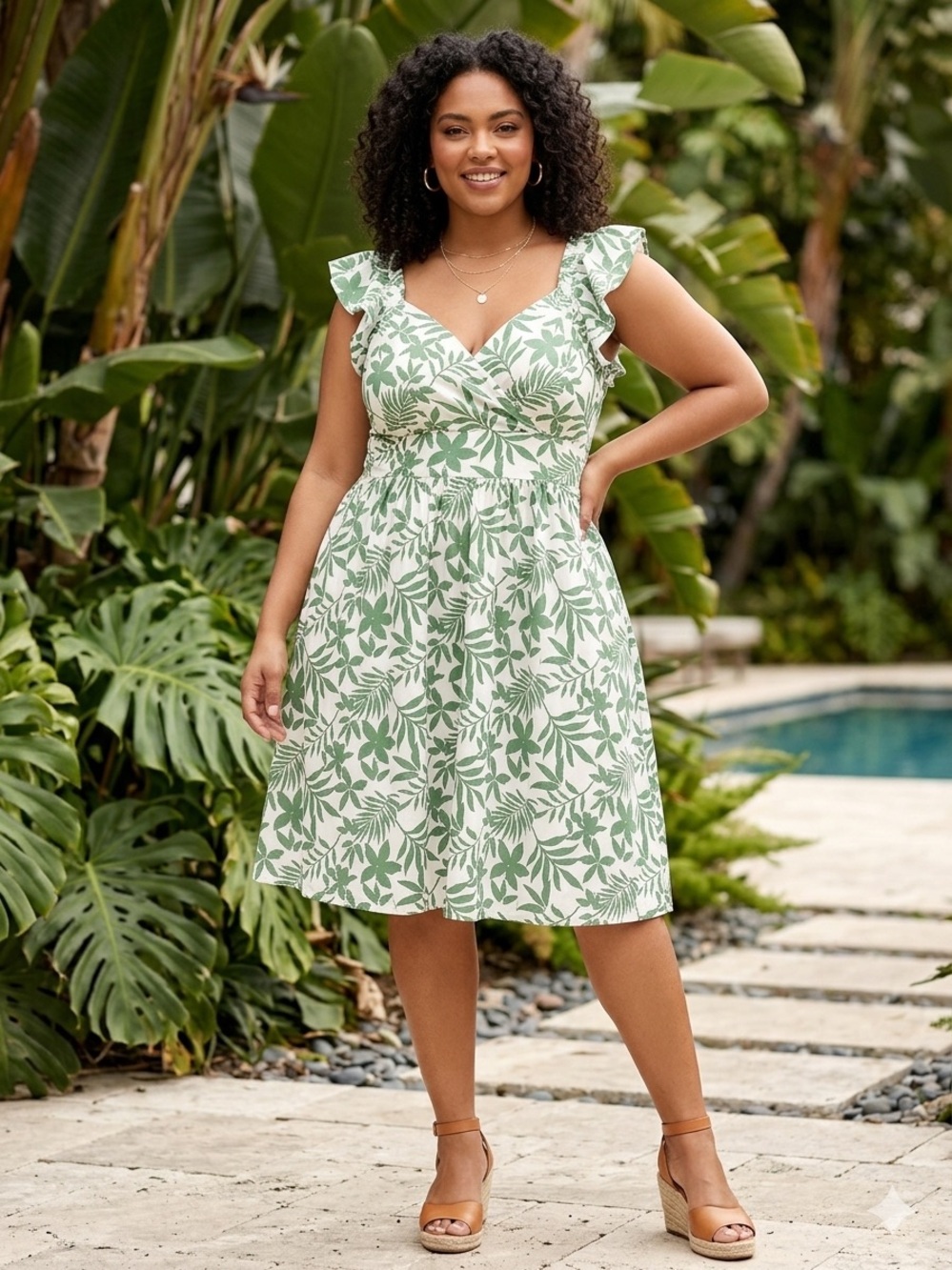 Inspire White Dress with Green Leaf Print